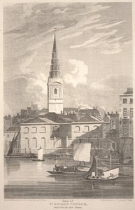 Ansicht der St. Brides Kirche, vom Fluss Thames aus gesehen (gestochen von Matthews)