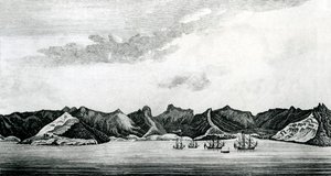 Ansicht der Cumberland Bay auf der Insel Juan Fernandes, ca. 1745 (Gravur)