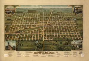 Vogelperspektive von Mattoon, Illinois 1884 von J. W. Shober and Carqueville Smith