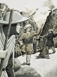 Unbekannte chinesische (?) Soldaten von Vögeln angegriffen