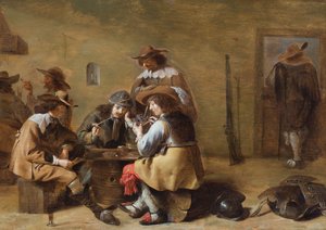 Das Innere eines Wachraums mit Kavaliere, die Karten spielen von Jacob (attr.to) Duck