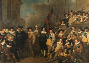 Offiziere und andere Bürgerwehrmänner des V. Bezirks in Amsterdam unter dem Kommando von Hauptmann Cornelis de Graeff und Leutnant Hendrick Lauwrensz von Jacob Adriaensz. Backer
