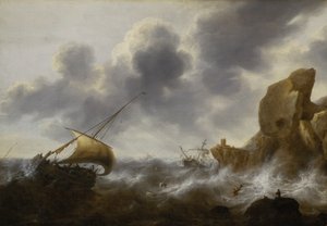 Ein Fischerboot vor einer felsigen Küste in einem Sturm mit einem Wrack, ca. 1664-65