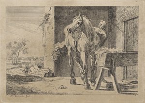 Figur mit einem Pferd bei einer Futterkrippe (Sechs Drucke nach Zeichnungen verschiedener Meister) von Jacob Elias van Varelen