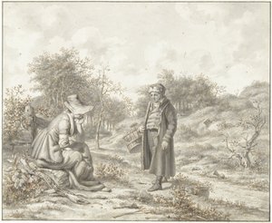 Hügelige Landschaft mit sitzender Frau und stehendem Mann mit Korb