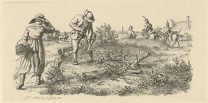 Grabender Mann, eine Frau mit einem Korb und Soldaten zu Pferd