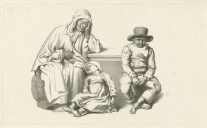 Sitzende alte Frau und zwei Kinder