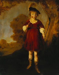 Porträt eines jungen Jungen als Schäfer, stehend, ganzfigur, in einer Landschaft
