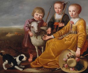 Drei Kinder mit einer Ziege und einem Hündchen in einer Landschaft, 1639
