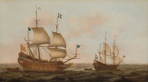 Ein für Frankreich gebautes Kriegsschiff und eine niederländische Yacht unter Segel von Jacob Gerritz Loef
