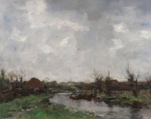 Eine Flusslandschaft mit Bauernhäusern, späte 1870er Jahre