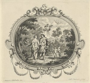 Spazierendes Paar begleitet von Putti