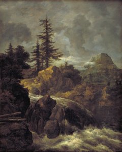 Landschaft mit Wasserfall und Hütte