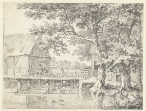Ansicht von zwei Wassermühlen, die eine Schleuse flankieren