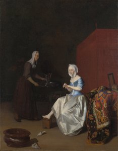 Eine junge Dame schneidet ihre Fingernägel, bedient von einer Dienstmagd, um 1670 von Jacob Lucasz. Ochtervelt