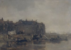 Häuser an der Prins Hendrikkade, Amsterdam, an einem nebligen Tag