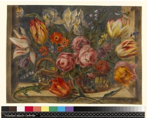 Blumenstudie: Verschiedene Blumen in einem Korb, mit Insekten und einer Eidechse in einem Fensterrahmen, 1634