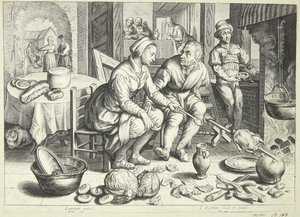 Küchenszene mit einem Mann und einer Frau, die ein Huhn braten