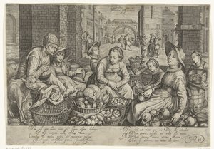 Marktszene mit der Parabel von den Arbeitern im Weinberg im Hintergrund, ca. 1600