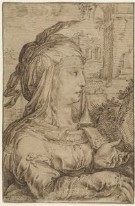 Frau in Fantasiekostüm, im Profil nach rechts