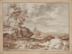 Landschaft mit Dorf und zwei Bauern