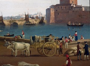Ansicht des Hafens von Taranto (Tarent) in Italien im 18. Jahrhundert. Hafenarbeiter entladen die Waren, von Ochsen gezogene Karren