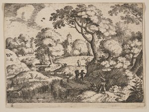 Pfad zwischen Sumpf und bewaldetem Ufer, aus Landschaften von Jacob Savery I