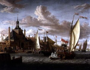 Eine Zeeland-Staatsyacht feuert einen Salut vor dem Dude Hoofdpoort, Rotterdam