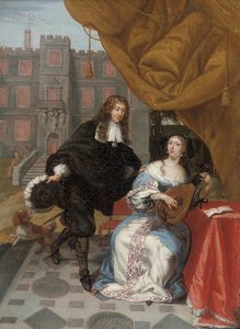 Ein Herr umwirbt eine Dame beim Musizieren in einem Hof, 1668
