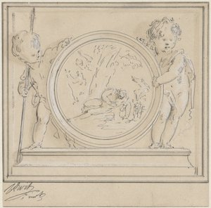 Zwei Putti mit Medaillon, darin Narziss und Echo