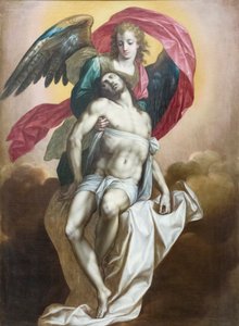Toter Christus von einem Engel gehalten