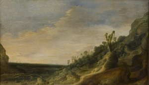 Berglandschaft mit Blick auf einen Fluss und das Meer von Jacob van Geel