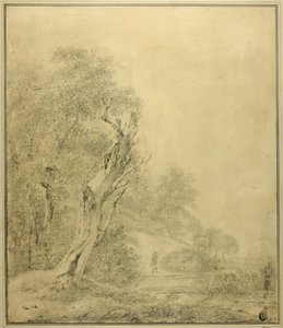 Toter Baum am Wasser, Figur nähert sich mit Stange