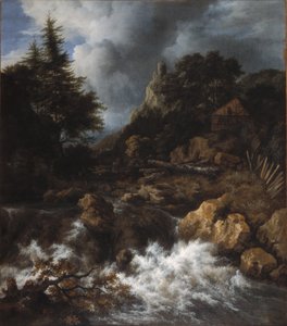 Wasserfall mit Fachwerkhaus und Burg