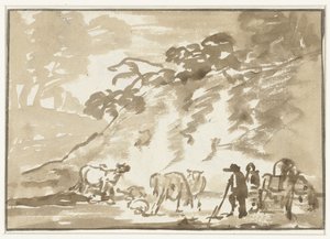 Landschaft mit Kühen und einem Hirten