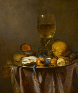 Stillleben mit einem Römer, einer Uhr, einer Auster und Obst