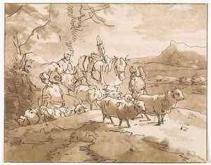 Hirten mit Vieh in einer Berglandschaft