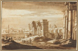 Eine Capriccio-Ansicht römischer Ruinen entlang des Tiber