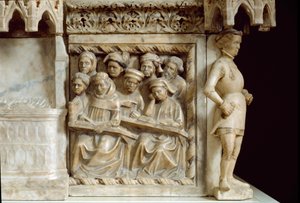 Grabdenkmal von Carlo, Roberto und Riccardo da Saliceto: Studenten besuchen einen Kurs (Skulptur, ca. 1403) von Jacobello and Pier Paolo dalle Masegne
