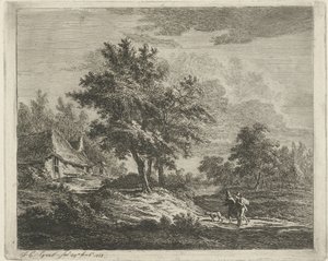 Landschaft mit Wanderern bei drei Bäumen