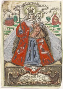 Maria mit Kind und zwei Kirchengebäuden im Hintergrund
