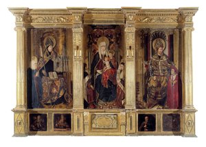 Der Altaraufsatz des Heiligen Ildefonso (gestorben 667, Bischof von Toledo) und des Heiligen Augustinus von Hippo (ca. 354-430, Berberphilosoph und Schriftsteller). Gemälde von Jaume Baco genannt Jacomart (1410-1461). Öl auf Holz, um 1450, Renaissancekunst von Jacomart (c.1413 61) Baco