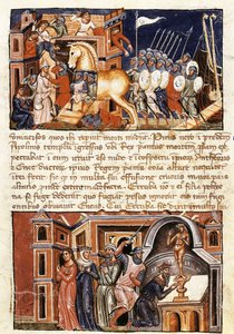 Belagerung und Angriff auf die Stadt Troja, Miniatur aus „Historia destructionis Troiae“ von Guido delle Colone (ca. 1210- ca. 1287)