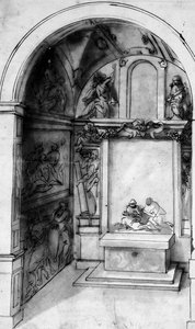Entwurf für eine Kapelle, dekoriert mit Fresken und einem Altar mit einer Beweinung, die Verkündigung darüber von Jacopo (attr. to) Zucchi