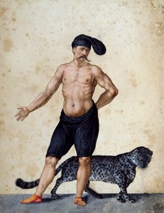 Junger afrikanischer Mann, vorne stehend, halb bekleidet, mit langer Berretta (Mütze) auf dem Kopf, mit Tiger hinter ihm, Zeichnung von Jacopo Ligozzi (1547-1627) von Jacopo Ligozzi