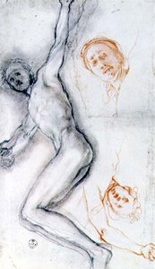 Studie von Christus am Kreuz genagelt, der Kopf zweimal geprobt von Jacopo Pontormo
