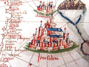 Detail von Jerusalem und Damaskus von einer Renaissance-Karte von Europa, nach Jacopo Russo, 1528