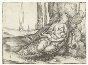 Maria mit Kind an der Brust sitzt am Fuß eines Baumes von Jacopo de