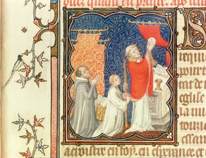 Ms Lat 18014 Jean de France (1340-1416) Herzog von Berry betet vor der Erhebung der Hostie, aus Les Petites Heures de Duc de Berry, ca. 1385-90