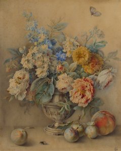 Blumen in einem silbernen Streuer, Obst im Vordergrund, 18. Jahrhundert